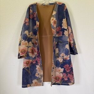 Solitaire Anthropologie Open Cardigan Womens Large Blue Faux Suede Floral Jacket